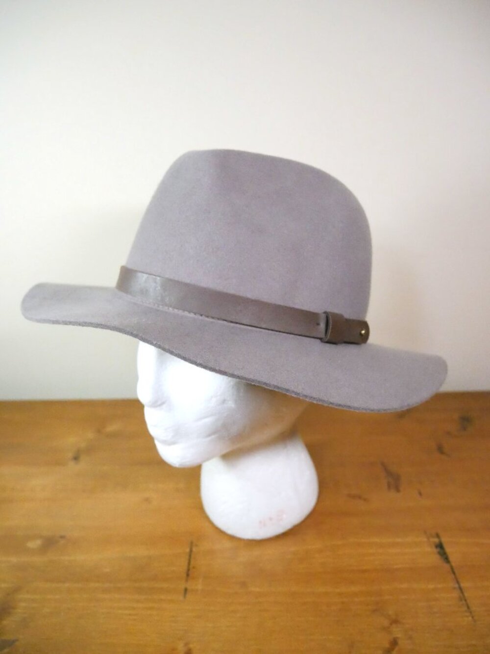H&M Wool Felt Fedora Hat Wide Brim w/ Leather Band Brown Gray M 56 Festival Boho